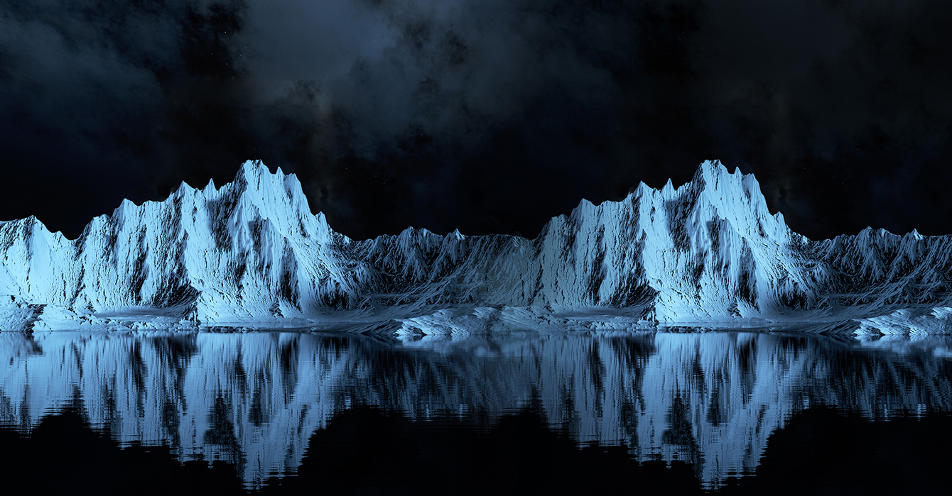 Sự thể hiện rõ ràng về sự tương phản giữa ánh sáng và bóng tối cho phép sông băng được phản chiếu trên mặt nước một cách sống động hơn trong đêm tối.