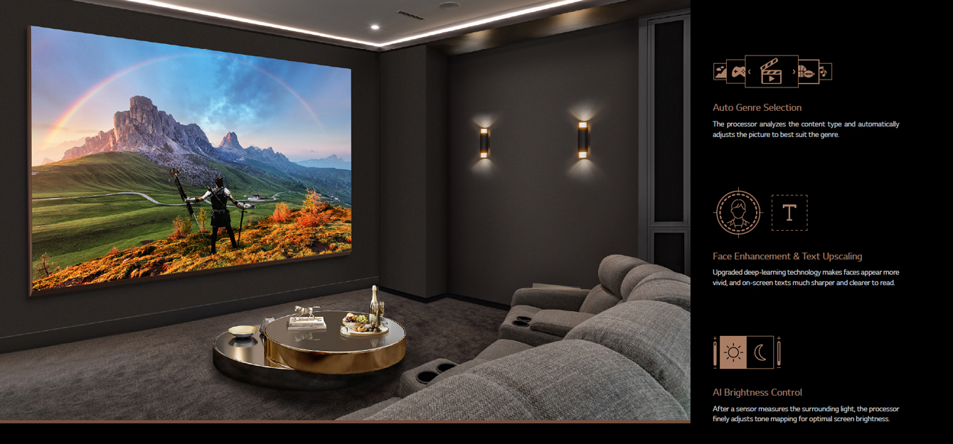 LG MAGNIT được lắp đặt trong phòng tối ngay cả với không gian sang trọng sẽ tự động điều chỉnh độ sáng và ánh xạ tông màu của phim theo môi trường.